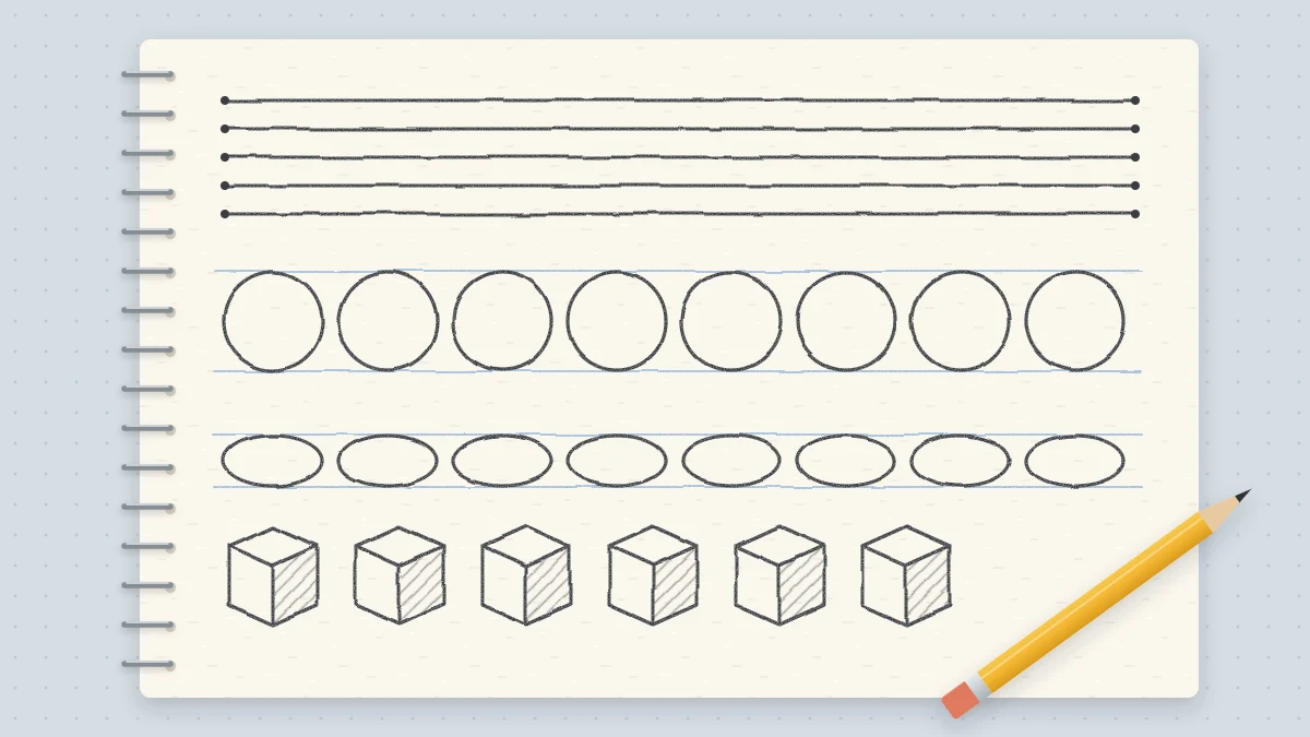 A sketchbook practice page filled with neat rows of pencil lines, circles and small boxes, with a pencil resting across the corner