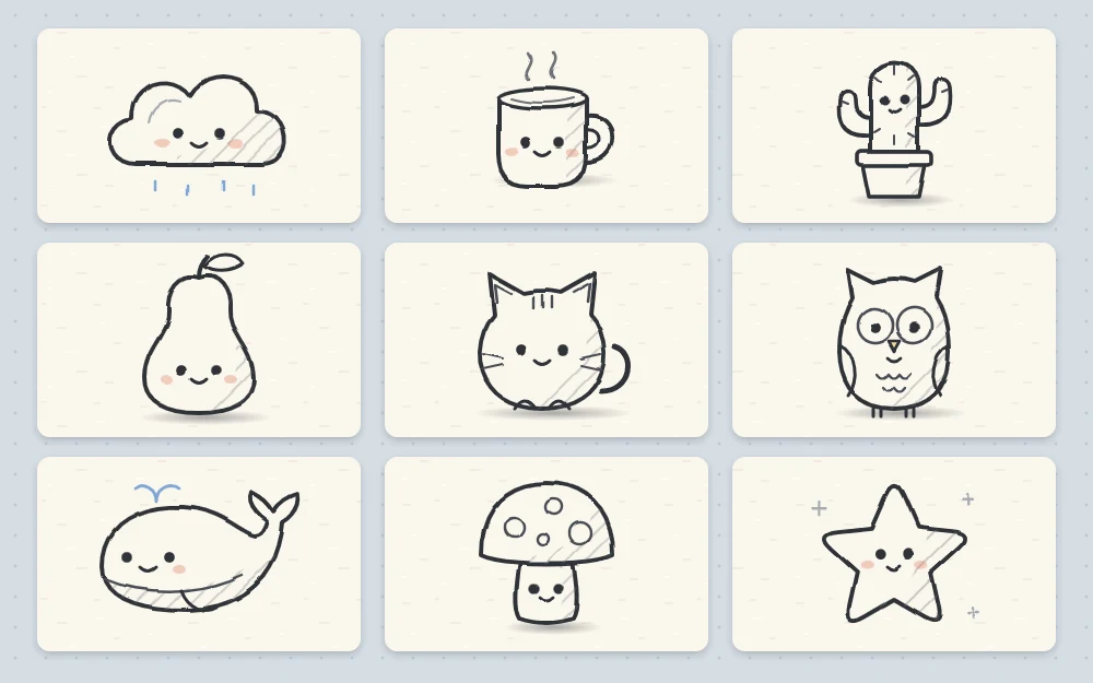 Nine small rounded doodles in a grid, each with two dot eyes and a tiny smile: a cloud, mug, cactus, pear, cat, owl, whale, mushroom and star