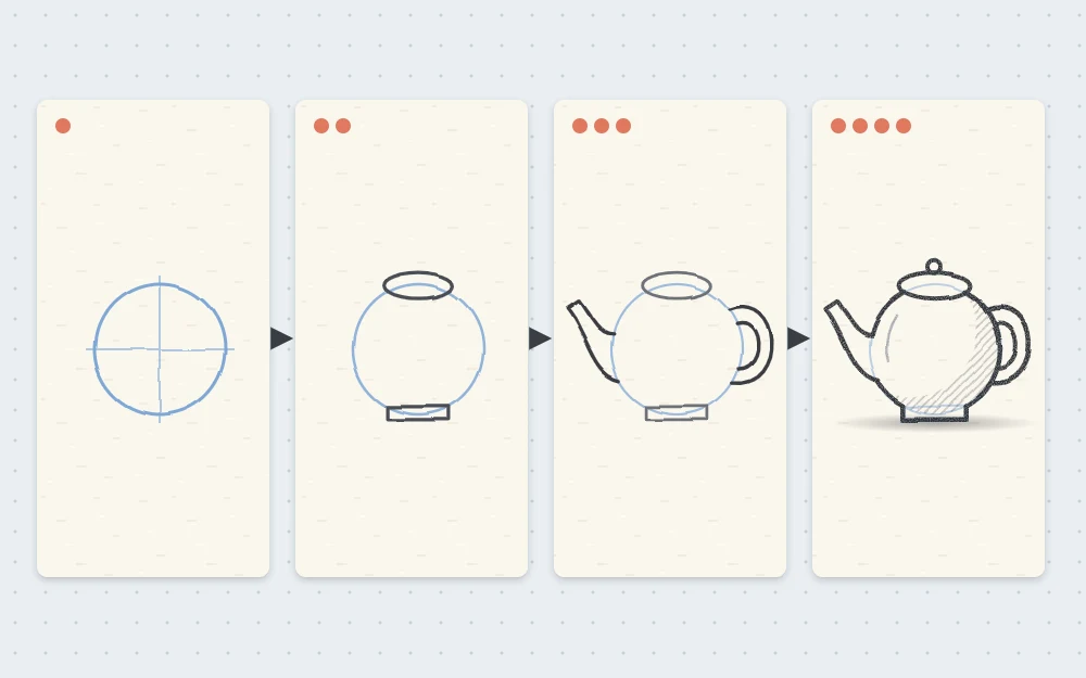 Four stages of a teapot built from shapes: a large circle body, an oval lid and rectangle base, a curved spout and loop handle, then a clean dark outline