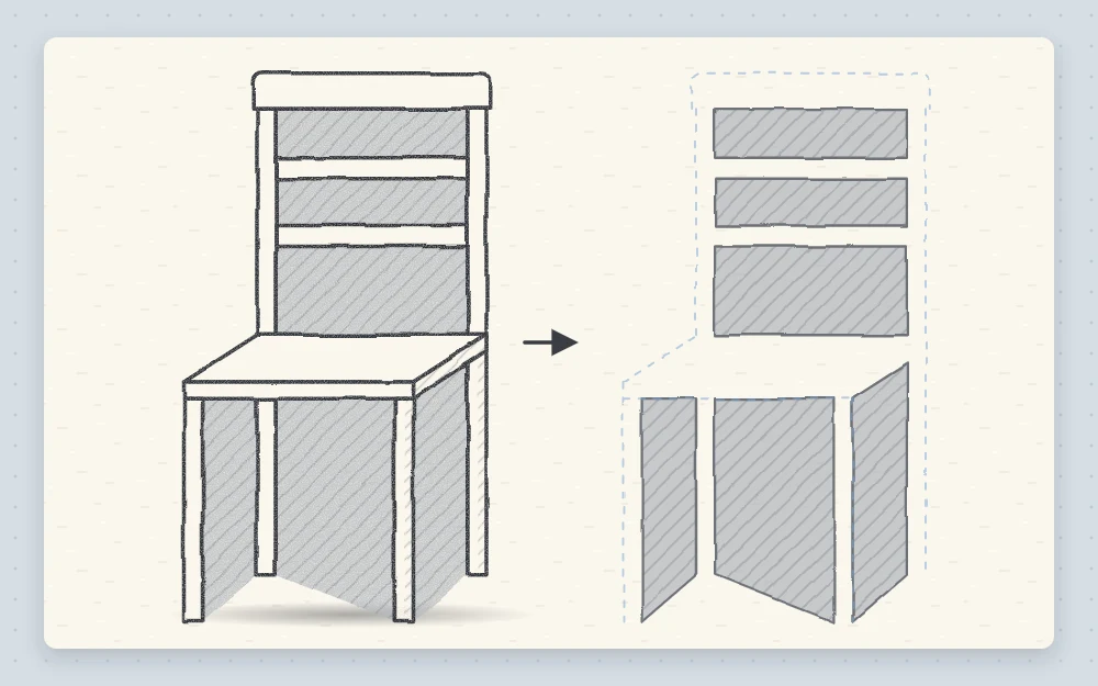 A simple chair sketch with the empty spaces between the legs and back rails filled in light gray tone to show the negative shapes.