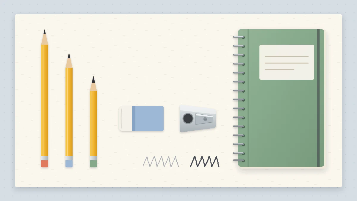 Three graphite pencils of different lengths, a white eraser, a small metal sharpener and a closed spiral sketchbook laid in a tidy row on paper