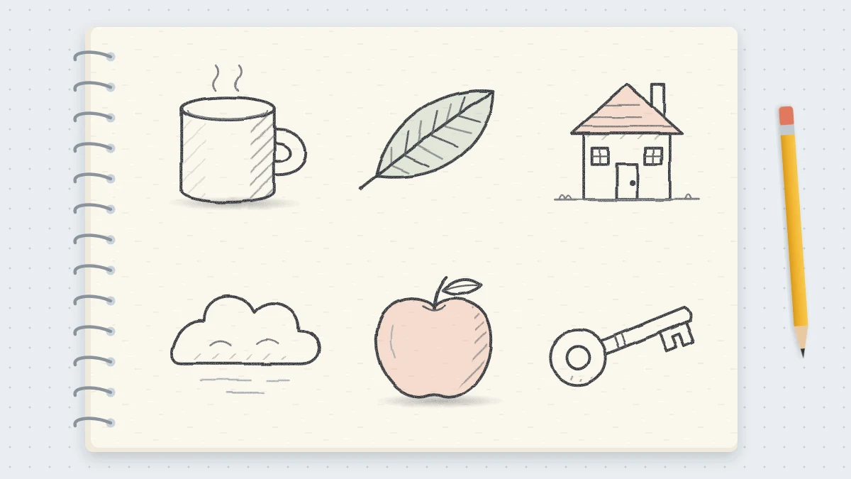A sketchbook page covered with small tidy pencil sketches: a mug, a leaf, a small house, a cloud, an apple and a key.
