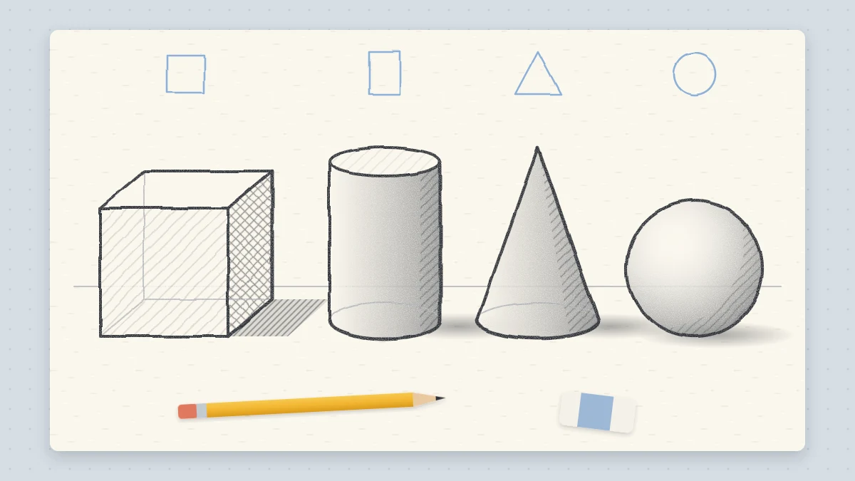 Four pencil-drawn solid forms standing in a row on a page with soft cast shadows: a cube, a cylinder, a cone and a sphere.