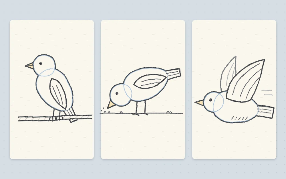Three small birds in simple poses: one perched upright, one leaning forward to peck, and one in flight with a body and two curved wings