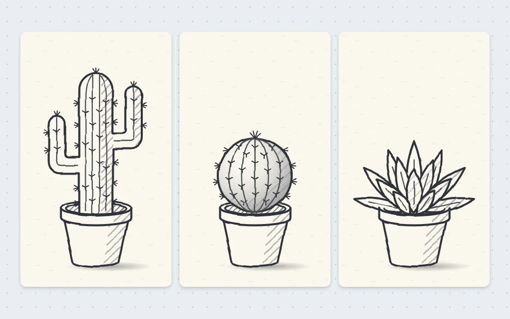 Three small potted plants side by side: a tall cactus with arms, a round barrel cactus with ribs, and a succulent rosette of pointed leaves