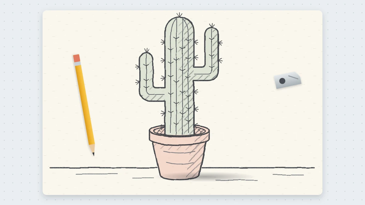 Pencil drawing of a cactus with two upturned arms growing in a simple clay pot with a rim, standing on a table line