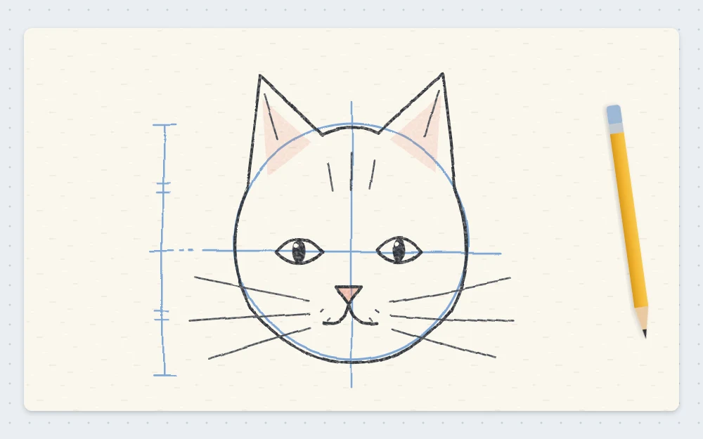 Close view of a cat face on a circle with a light horizontal guide line and a vertical center line, the eyes resting on the horizontal line and the nose below