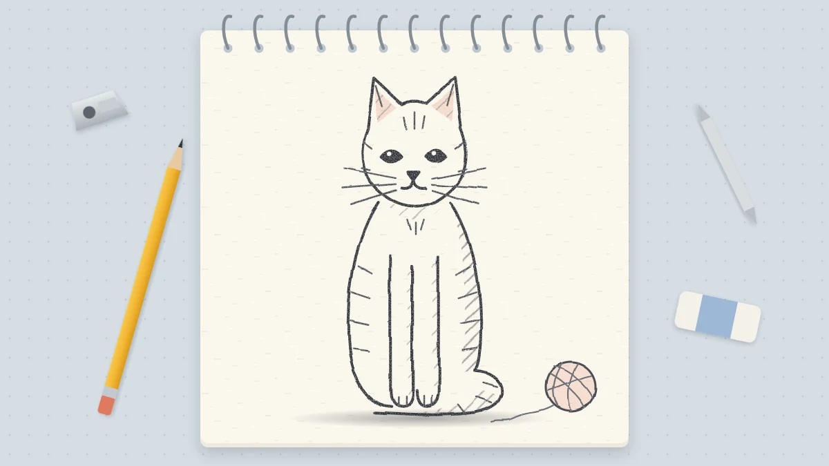Pencil drawing of a sitting cat seen from the front with pointed ears, almond eyes, whiskers and a tail curled around its feet