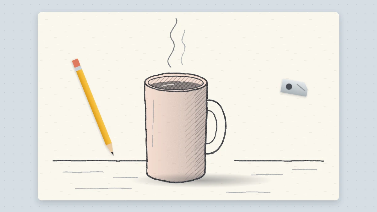 Pencil drawing of a mug with a handle sitting on a table, shaded on one side with a soft cast shadow and a thin curl of steam above it