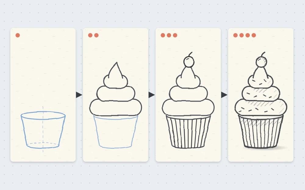 Four stages of drawing a cupcake: a cone-shaped paper case, three stacked frosting tiers, pleat lines with a berry on top, then sprinkles and shading