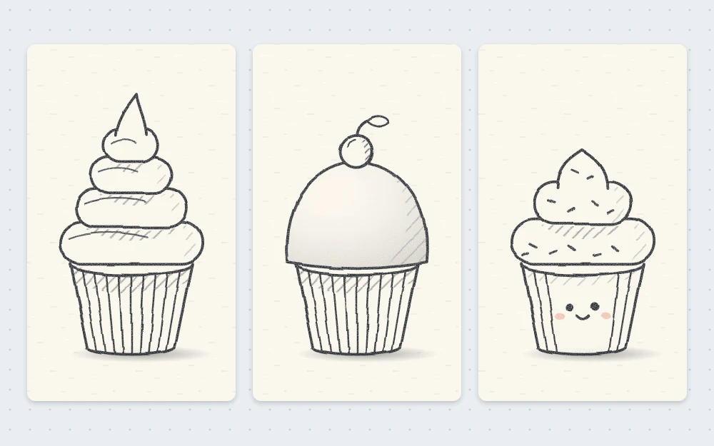 Three cupcake variations side by side: a tall swirl, a smooth rounded dome with a berry, and one with dot eyes and a smile on the paper case