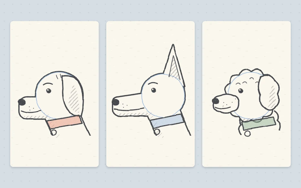 Three simple dog heads in side view: one with a floppy ear and short muzzle, one with a pointed upright ear and long muzzle, one with a round fluffy outline