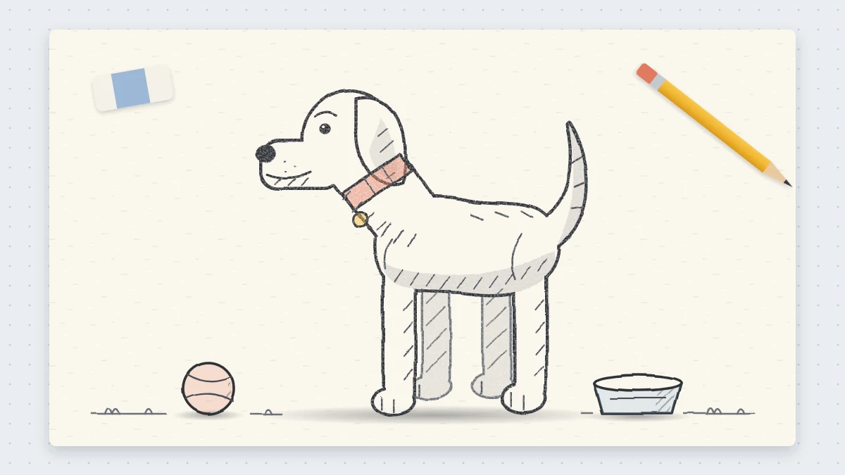 Pencil drawing of a friendly standing dog in side view with a floppy ear, a raised tail and a simple collar