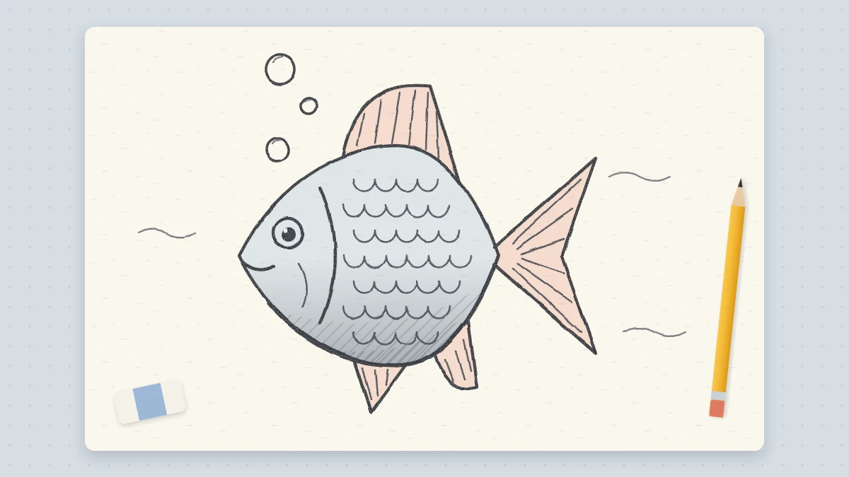Pencil drawing of a single plump fish in side view with a notched tail, fins, rows of scales and three small bubbles above it