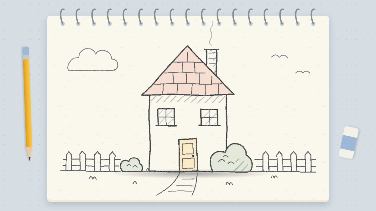 A neat pencil drawing of a small cottage with a pitched roof, a chimney, a door, two windows, a short path and a round bush on a sketchbook page.