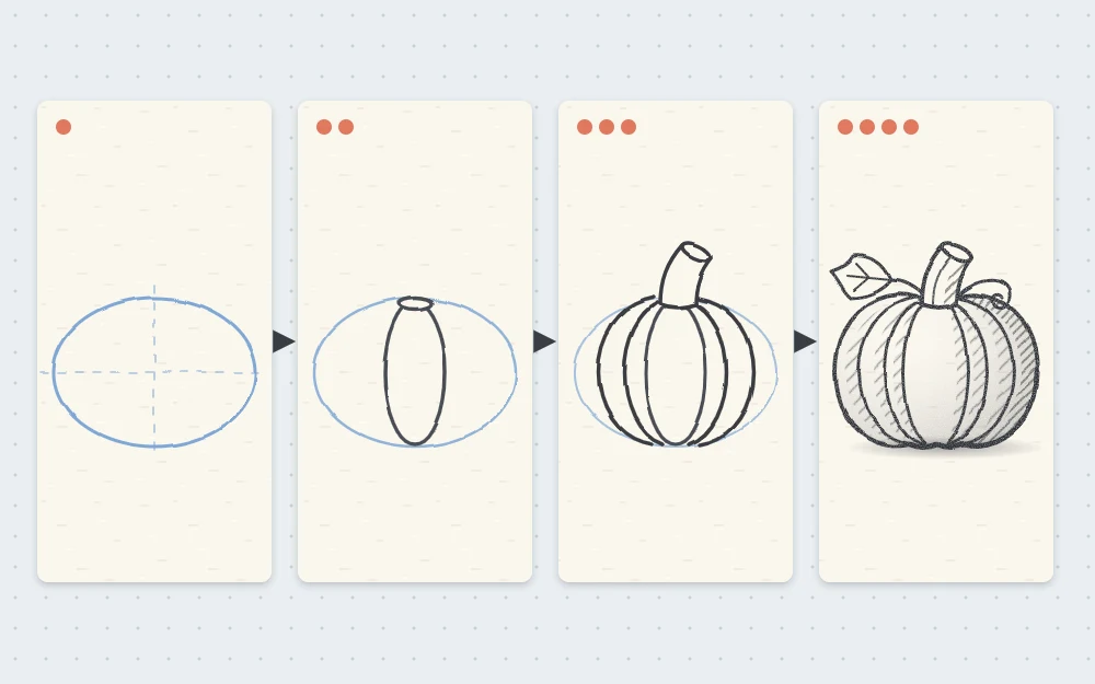 Four stages of drawing a pumpkin: a wide flattened oval, a narrow center segment with a dip, curved side segments and a thick stem, then shading, vine and shadow
