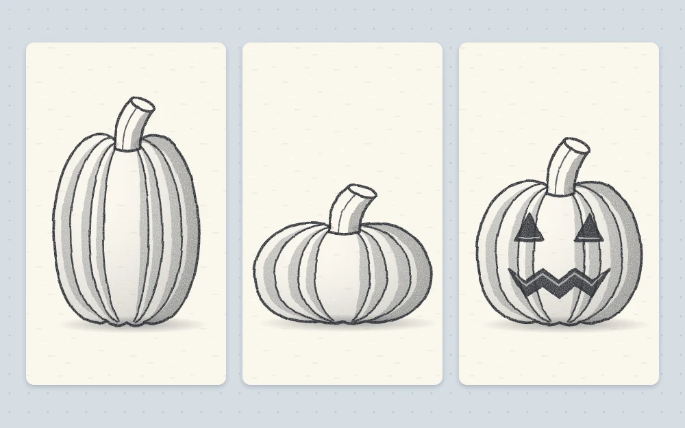 Three pumpkin variations side by side: a tall narrow pumpkin, a wide squat pumpkin, and a round pumpkin with triangle eyes and a zigzag mouth