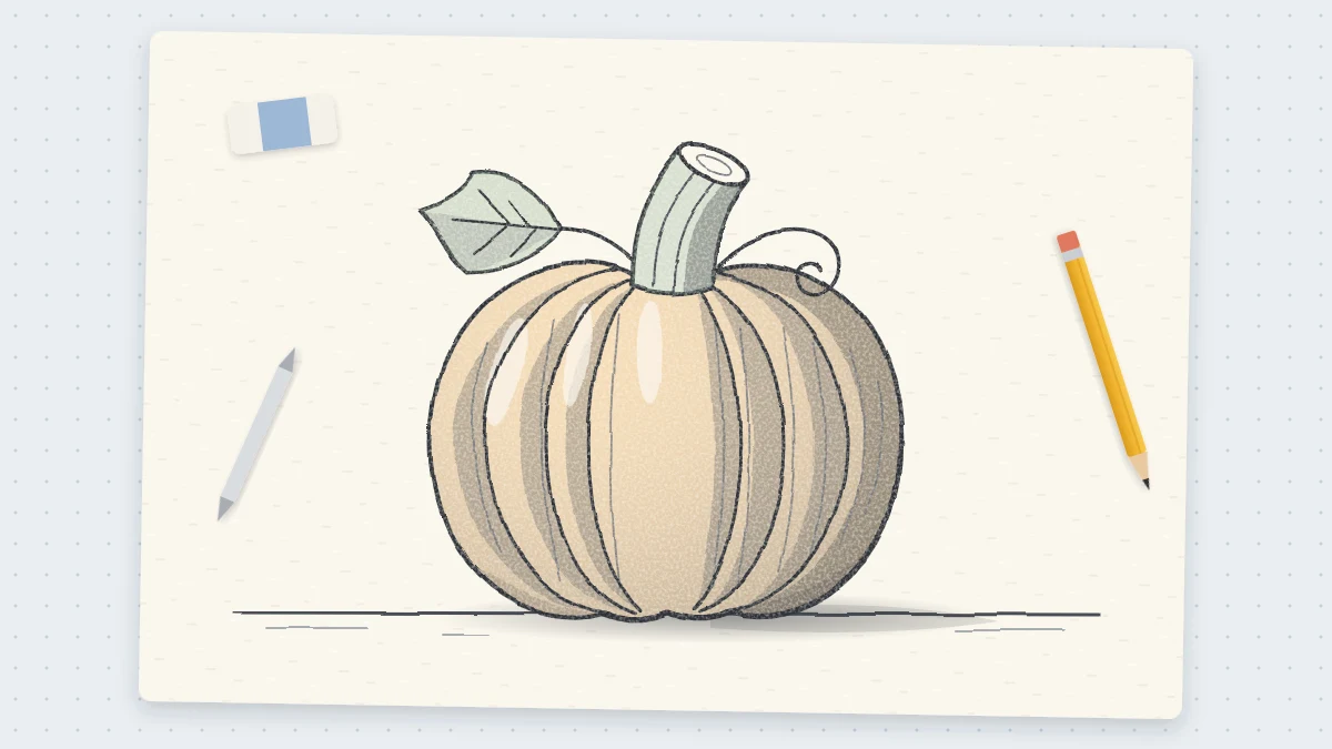 A pencil drawing of a round ribbed pumpkin with a thick curved stem and a curling vine with one leaf, shaded in the grooves, on a ground line
