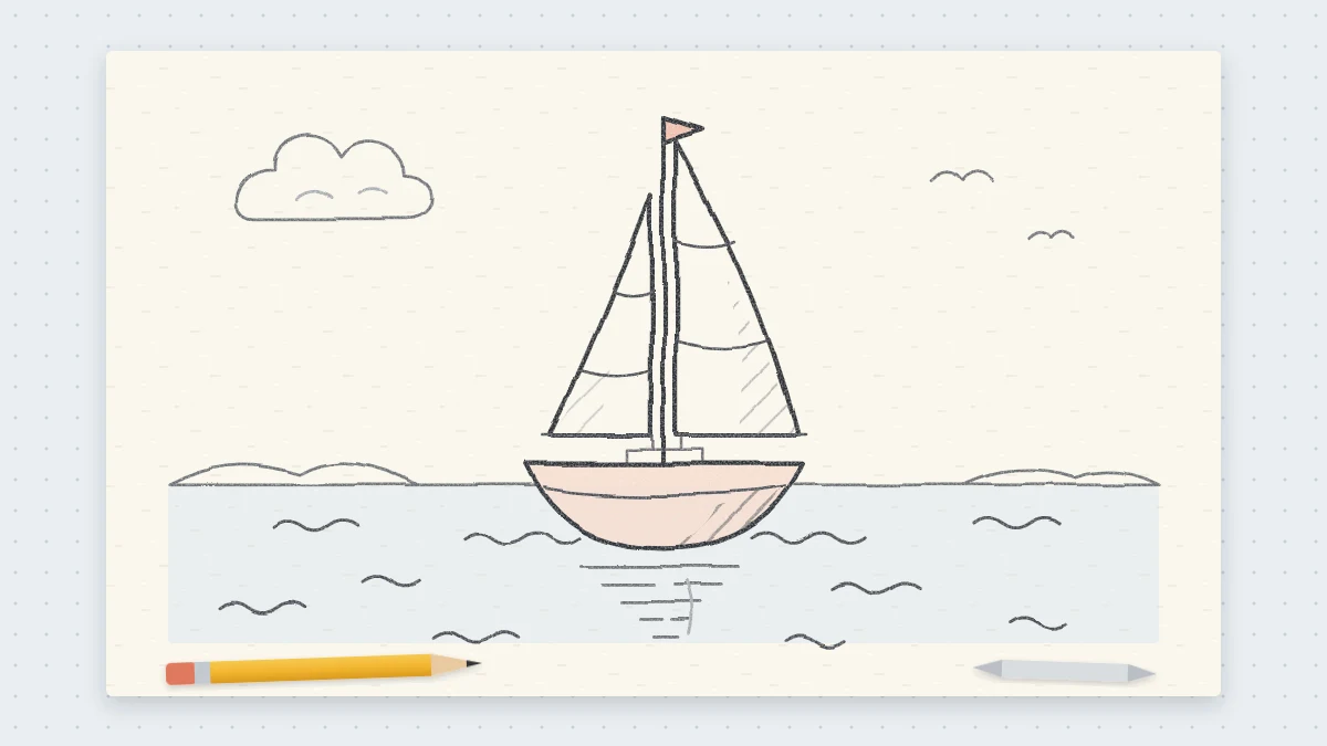 A pencil drawing of a small sailboat with two triangular sails on calm water with a few wavy lines, a low horizon and one small cloud.