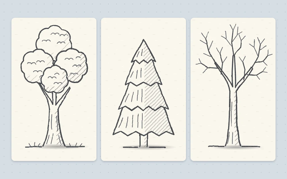 Three tree types side by side: a round leafy tree, a pine built from stacked zigzag tiers, and a bare winter tree with fine branching twigs