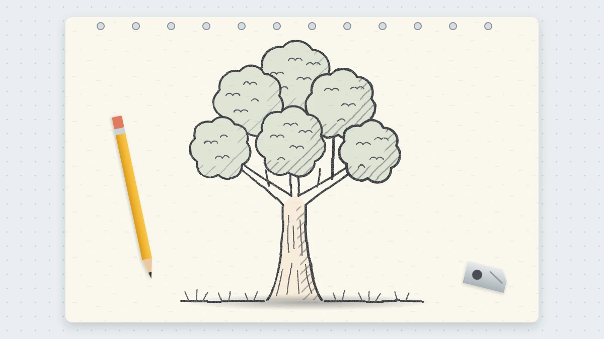 Pencil drawing of a full leafy tree with a sturdy trunk, visible branches and a rounded crown shaded on one side, standing on a short line of grass