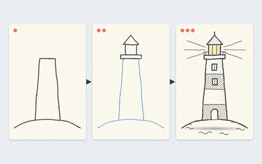 Three stages of a lighthouse drawing: a tapered tower on a small mound, then a gallery, lantern room and pointed cap, then a door, windows, stripes and light rays