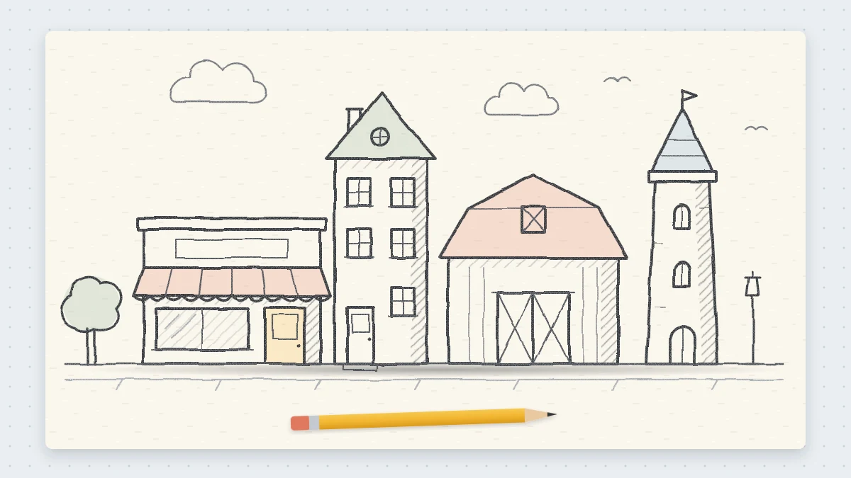 Pencil sketch of a small street of four simple buildings of different heights on one ground line: a shop with an awning, a narrow house, a barn and a small tower