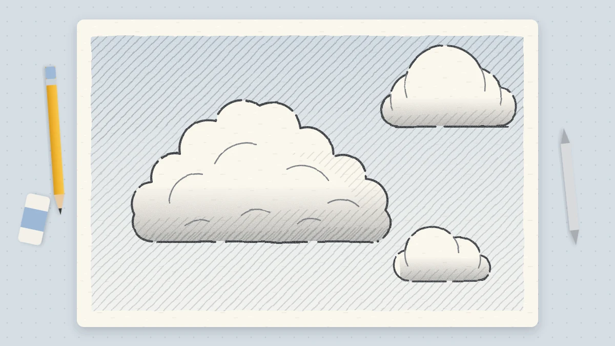 Pencil drawing of three soft fluffy clouds of different sizes in a lightly shaded sky, with white tops and shaded undersides
