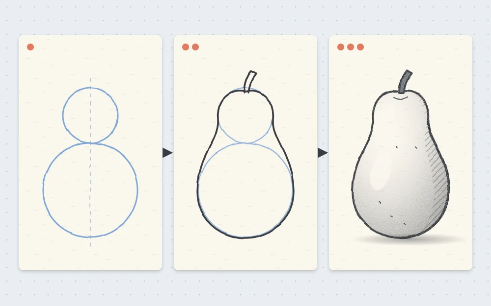 Three stages of drawing a pear: a small circle on a larger circle, a smooth joined outline with a stem, then shading and a cast shadow