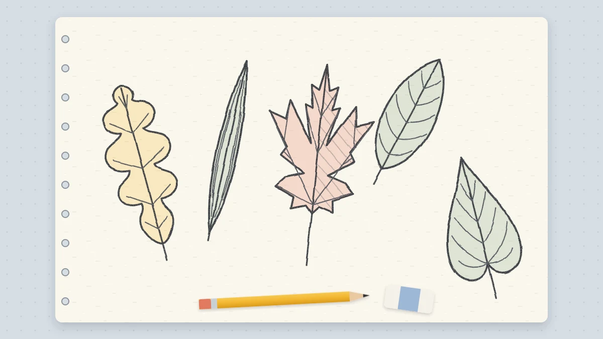 Pencil study page of five different leaves with veins arranged loosely across a sketchbook page, one of them lightly shaded