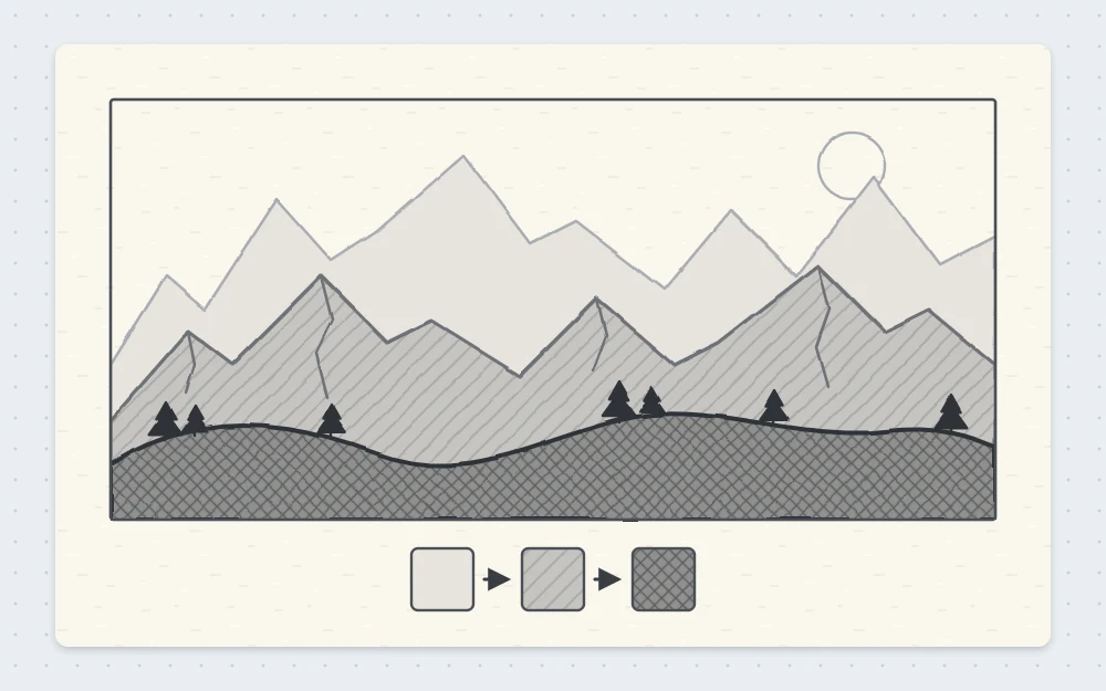 Three overlapping hill and mountain layers in three tones, the nearest darkest and the farthest palest, showing depth through value