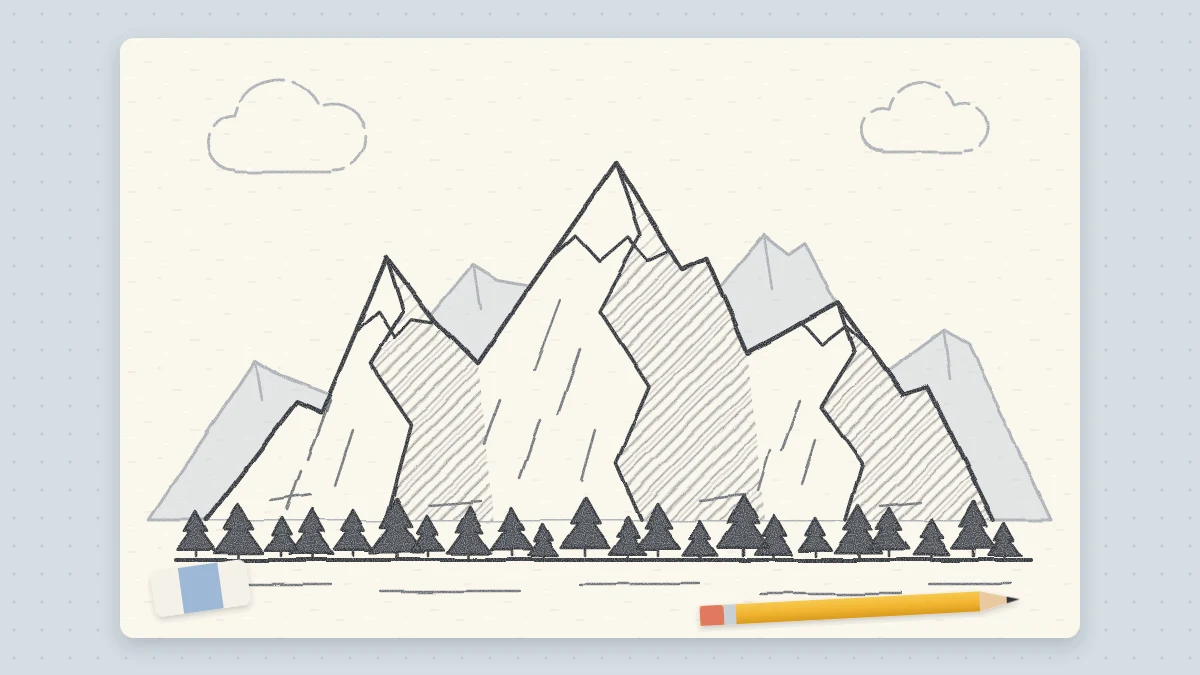 Pencil landscape of three snow-capped mountain peaks with shaded sides, a paler range behind and a row of tiny pine trees along the bottom