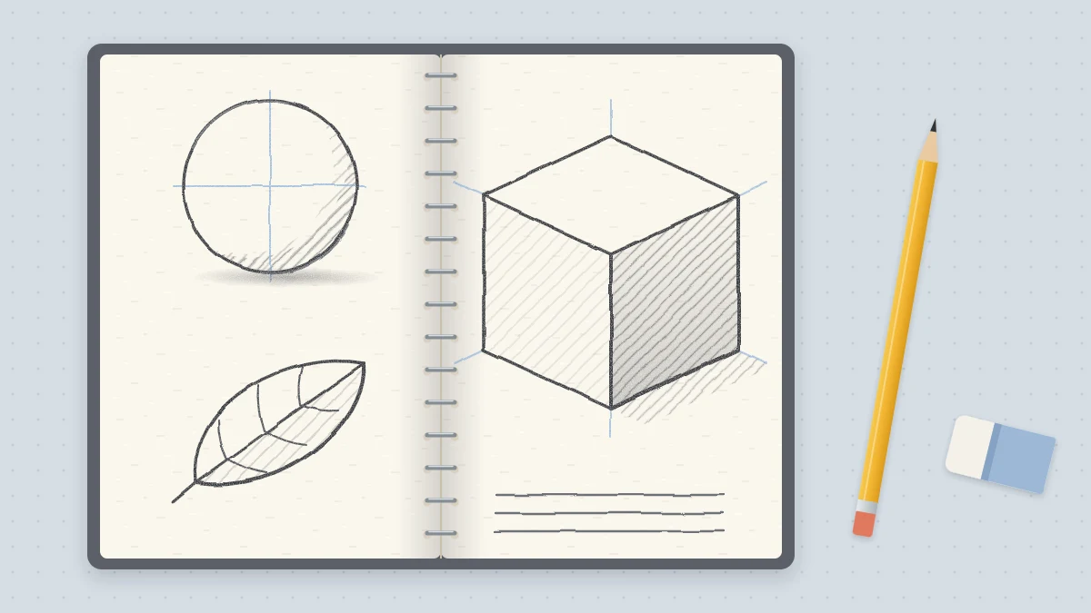 An open sketchbook on a desk with light pencil sketches of a circle, a cube and a simple leaf, beside a yellow pencil and a white eraser