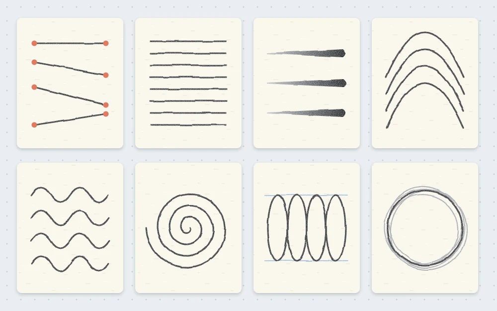 Eight small paper panels in a grid, one drill each: dot-to-dot lines, parallel lines, a light-to-dark stroke, long curves, waves, a spiral, a row of ellipses and ghosted circles