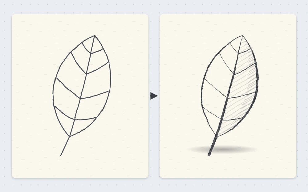 Two drawings of the same simple leaf side by side: one with a single even line weight, the other with thick and thin lines that look more solid