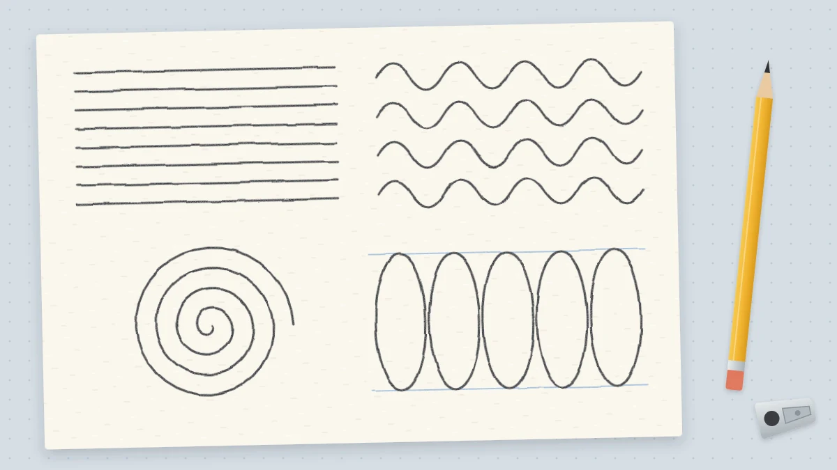 A sheet of paper covered with pencil practice strokes: straight parallel lines, smooth waves, a spiral and a row of ellipses, with a sharpened pencil beside it